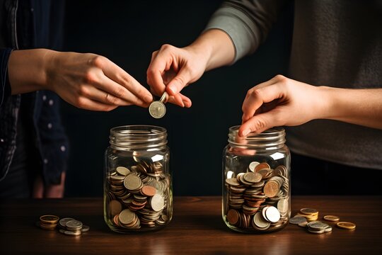 Teamwork Makes Saving Work Two People Contributing Coins to a Jar for Financial Goals Generative AI