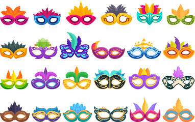 Face mask feathers icons set cartoon vector. Festival costume show. Carnival ornament © nsit0108