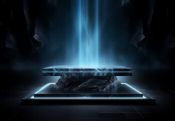 black stone platform podium with blue color light on black background, for product display presentation and advertising, copy space - obrazy, fototapety, plakaty