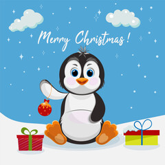 Christmas penguin character. Happy new year penguin design with gift boxes and tree toy . Stock holiday vector animal illustration