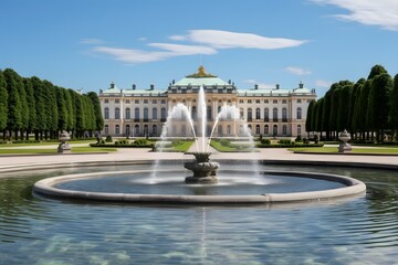 Obraz premium Grandiose architecture with a majestic fountain in front of a historic building Generative AI