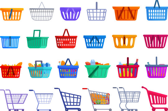 Consumer cart grocery icons set cartoon vector. Shopping plastic product. Retail store