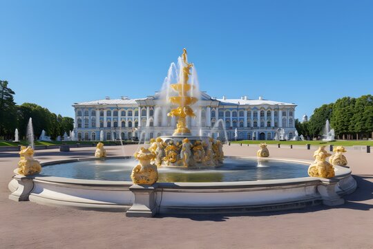 Golden Fountain in Front of Majestic Building with Blue Sky Background Generative AI