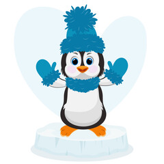 Christmas penguin character. Happy new year penguin design with blue hat . Stock holiday vector animal illustration