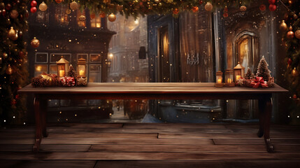 Fototapeta na wymiar Empty wooden table with christmas theme in background