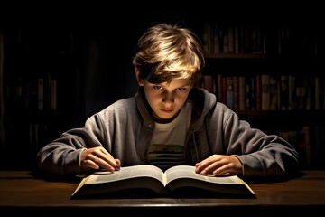 Young boy engrossed in reading a book by the dim light of a lamp, surrounded by a bookshelf full of stories. Generative AI