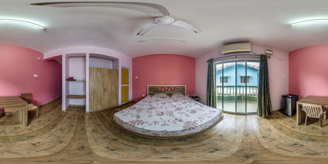 full seamless spherical hdri 360 panorama in interior of cheap bedroom guesthouse with pink walls and an indian style and access to balcony in equirectangular projection,  VR content