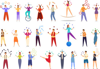Juggler icons set cartoon vector. Circus trick artist. Ring ball rope © nsit0108