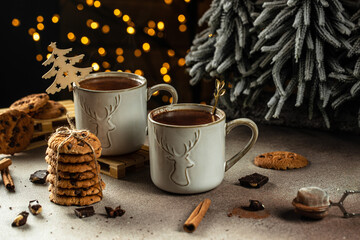 Hot winter drink chocolate in mug. Christmas time. Cozy atmosphere. Christmas drink