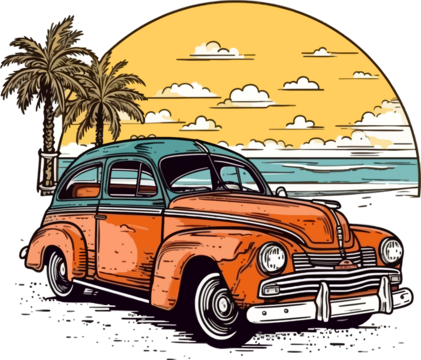 Vintage car in front of a Beach  illustration