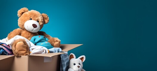 Adorable Teddy Bear Sitting Comfortably in a Box Surrounded by Colorful Clothes for Kids' Fashion Generative AI