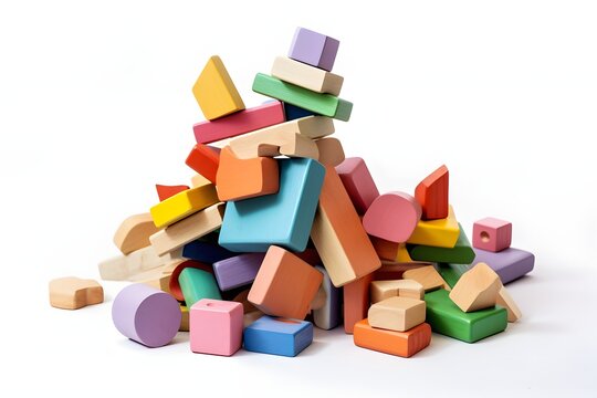 Colorful Wooden Blocks Stacked in a Tower Formation on White Background for Educational and Playful Concepts Generative AI