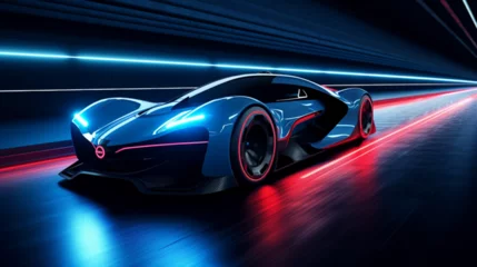 Foto op Plexiglas anti-reflex Toilet A blue racing car with futuristic LED lighting