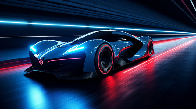 A blue racing car with futuristic LED lighting