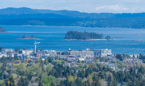 Aerial townscape and Salish Sea, Sidney, British Columbia, Canada