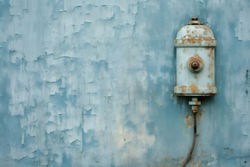 Rusted Fire Hydrant Against Vibrant Blue Wall - Urban Decay and Decay Concept for Stock Photo Generative AI