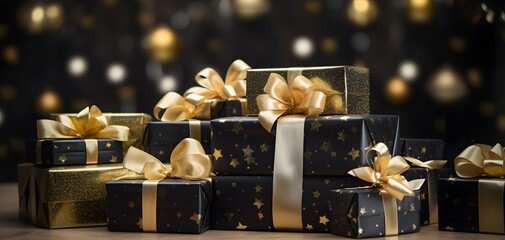 Stack of Festive Gift Boxes with Shimmering Gold Stars on Table for Christmas or Birthday Celebrations Generative AI - obrazy, fototapety, plakaty