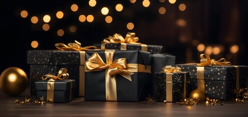 Fototapeta na wymiar Beautifully Wrapped Christmas Gifts with Shiny Gold Bows and Ornaments in Close-up View for Festive Celebrations Generative AI