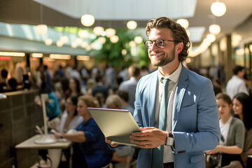 Fototapeta premium Standing young businessman in suit and tie holding a laptop in front of people.