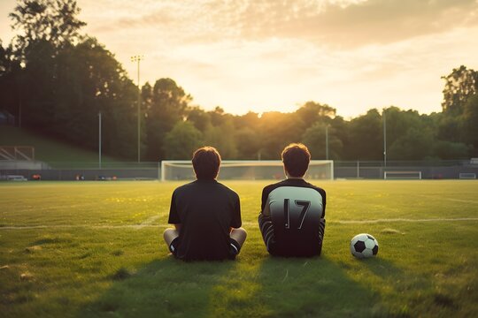 Two Young Boys Enjoying a Soccer Match from the Sidelines on a Sunny Day in the Park Generative AI