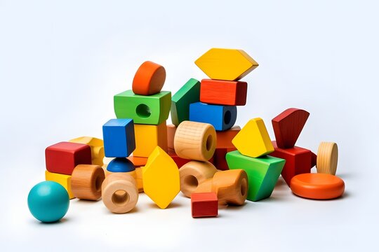 Colorful Wooden Toy Blocks Stacked in a Tower on White Background for Children's Playtime and Learning Generative AI