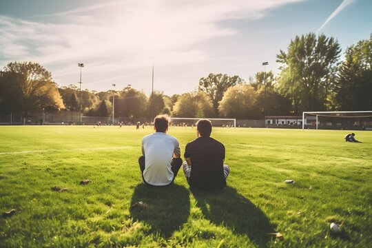 Two Friends Enjoying a Soccer Match on the Grass Field with Excitement and Enthusiasm in the Air Generative AI