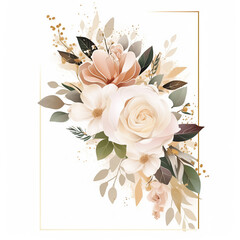 the composition of flowers is located on a gold frame in nude tones to use the decoration for design purposes