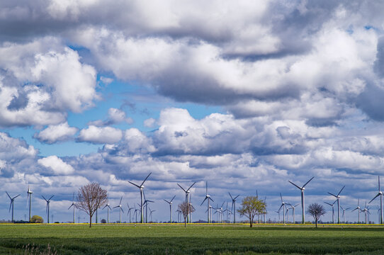 Wind farm in the Krummhorn region, Aurich, Lower Saxony, Germany