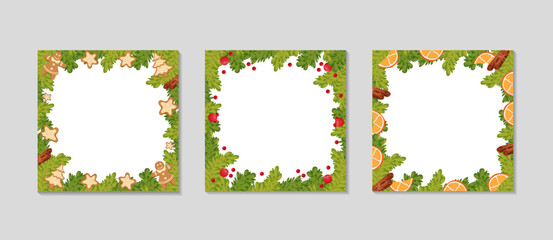 Christmas square frame set for Social media. Spruce branches with cookies citrus cinnamon berries.