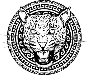leopard head in black and white outline
