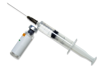 Syringe next to a glass jar with an injection isolated on a transparent background.