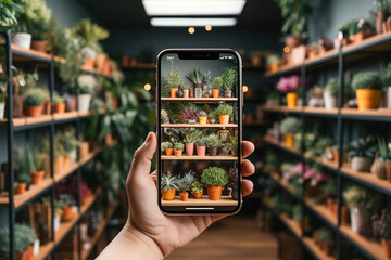 A person taking a picture of plants in a store. - obrazy, fototapety, plakaty