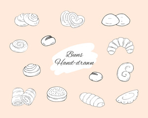 Bakery pastry products.  Backing doodle set of buns. Hand-drawn bagels set. Vector sketch illustration isolated on a white background.