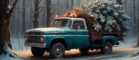 pickup truck with christmas tree	