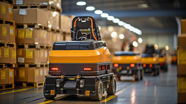 Transporting packages and inventory in a warehouse using an autonomous robot and a self-driving forklift.
