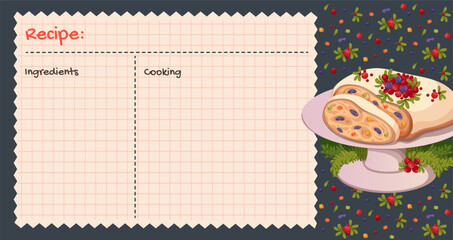Recipe cards. Culinary book blank pages. Christmas Stollen with cranberries and blueberries.