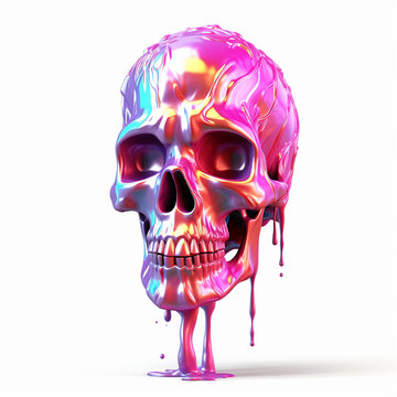 Abstract 3d bubbling liquid chrome skull splash paint in shades of pink, purple, and blue dripping down it against a white background