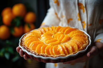 A freshly baked orange tart in a white dish, National Pie Day - obrazy, fototapety, plakaty