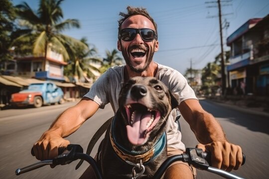 Happy guy riding a motorbike with his dog. Bali lifestyle