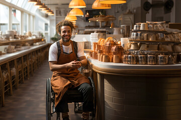 Disabled man in a wheelchair working in coffee shop.