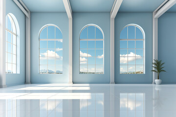 Fototapeta premium An empty bright large blue room with big windows. Clean interior background.