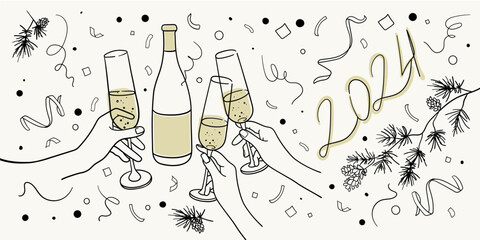 Continuous line yellow champagne cheers one line art, continuous drawing contour on yellow background. 3 Wine glasses with drinks. Cheers toast festive decoration for holidays. Vector illustration - obrazy, fototapety, plakaty