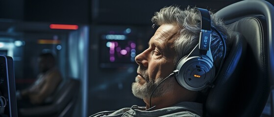 Hearing test demonstrating an elderly man's ear using sound wave simulation technology. - obrazy, fototapety, plakaty
