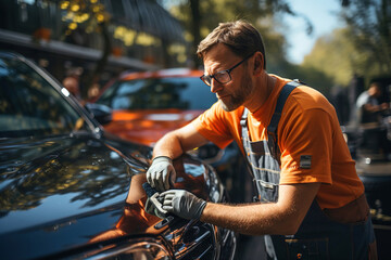 Naklejka premium A man in an orange shirt polishing a car.