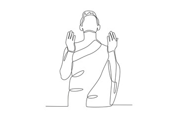 A man prays in Mecca. Hajj one-line drawing