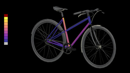 FEM stress analysis of a bicycle on a black background.