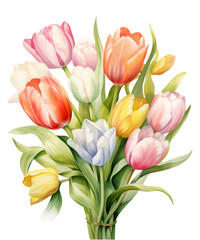 Obraz premium Pastel Tulip Bouquets Watercolor Clipart, Watercolor Sublimation Tulip Florals, Transparent Background, transparent PNG, Created using generative AI