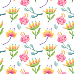 magical plants highlighted on transparent background. fantastic neon flowers seamless pattern. Bright unusual Fantastic alien magic plants. watercolor botanical print for textile, packaging paper