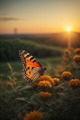 Image of butterfly on the flower with sunset, Butterfly with Sunset  printed on Printed Glass Basin Splashbacks