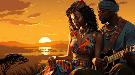 African couple in love, guy and girl playing traditional musical instrument against sunset background with copy space, black history month. Friendship concept - obrazy, fototapety, plakaty